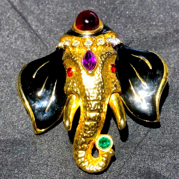 Gorgeous Vintage Elephant Brooch Pin Gemstones Red Green Gold Fast Shipping - Picture 1 of 3